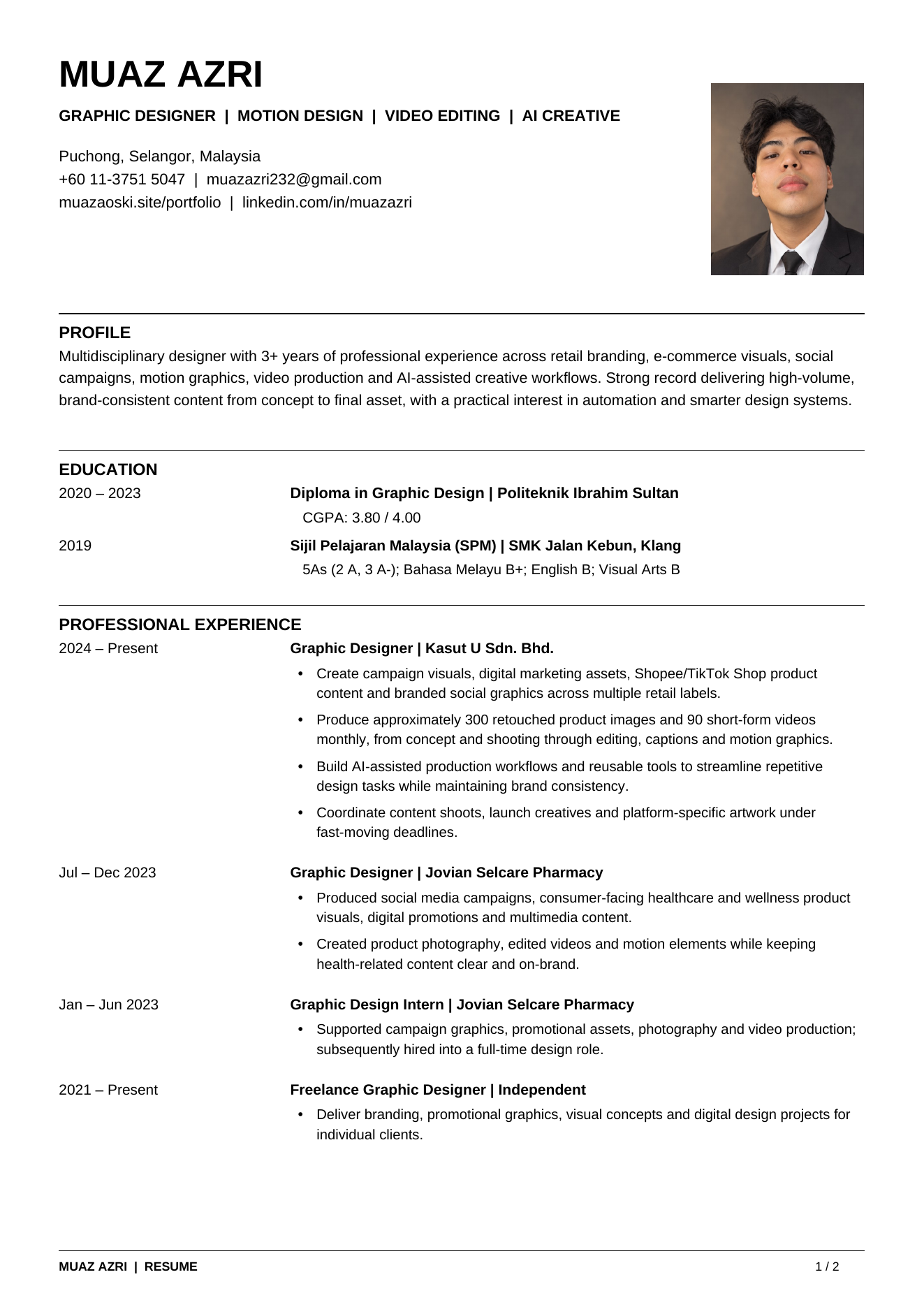 Page one of Muaz Azri's resume, covering profile, education, and professional experience